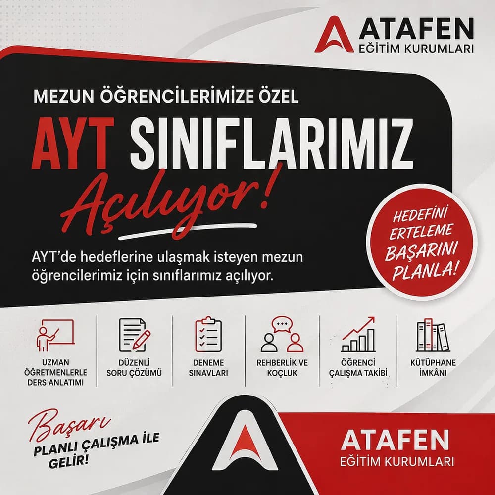 Mezun öğrencilerimize özel AYT sınıflarının açılışını duyuran, Atafen Eğitim Kurumları kurumsal kimliğine uygun eğitim temalı görsel.